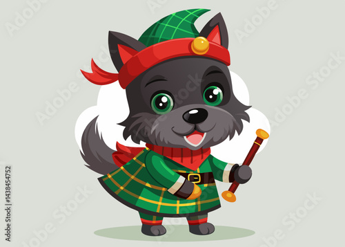 Cute Cartoon Scottish Terrier Dog in Kilt Playing Bagpipes