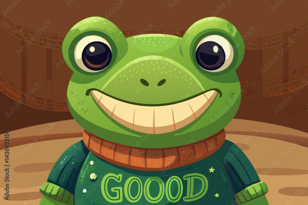 Obraz premium Happy Smiling Frog Wearing a Green Sweater with Good Text
