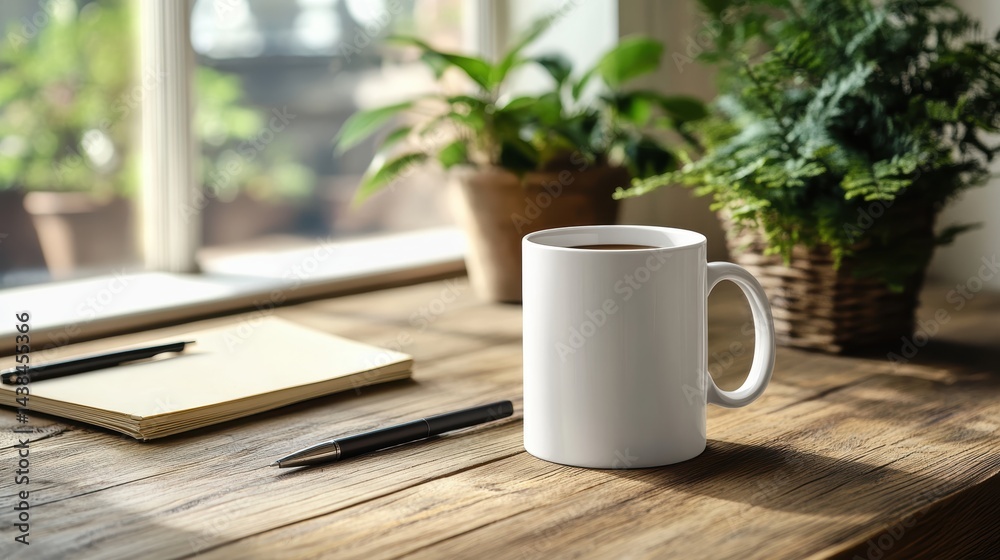 Coffee mug mockup on a wooden desk with a notebook and pen beside Coffee mug mockup on a wooden desk with a notebook and pen beside