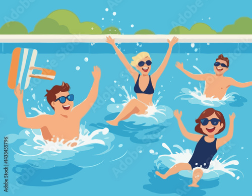 A fun-filled summer day in a bright blue swimming pool, splashing water and laughing with joy.