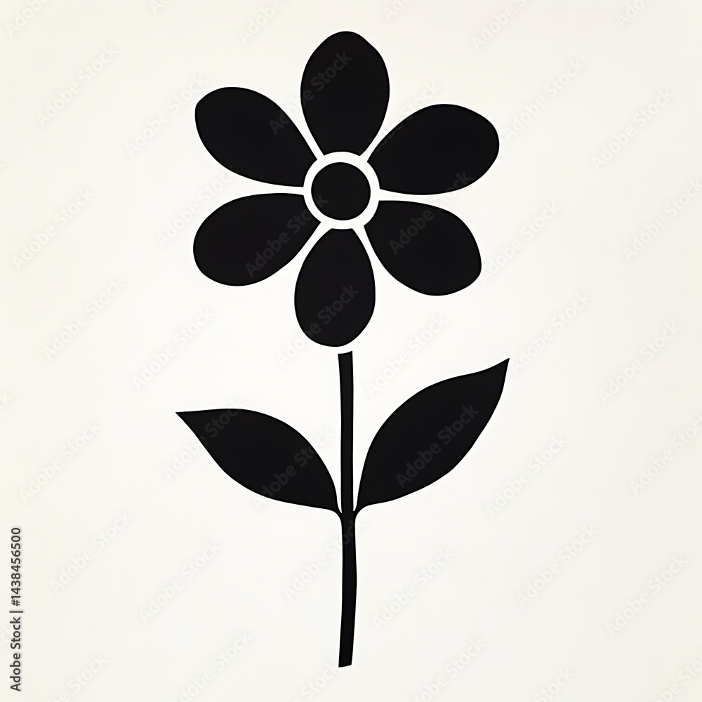 Minimalist Black Flower Illustration with Simple Petals and Leaves Design on a White Background