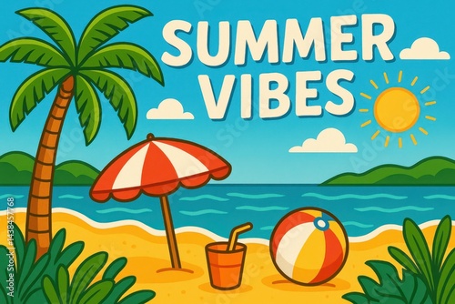 Bright and Colorful Summer Vibes with Beach Elements and Sunshine