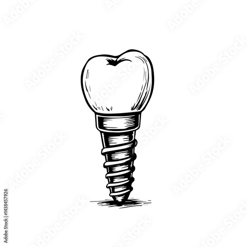Dental implant, hand-drawn sketch, black and white, for medical illustration