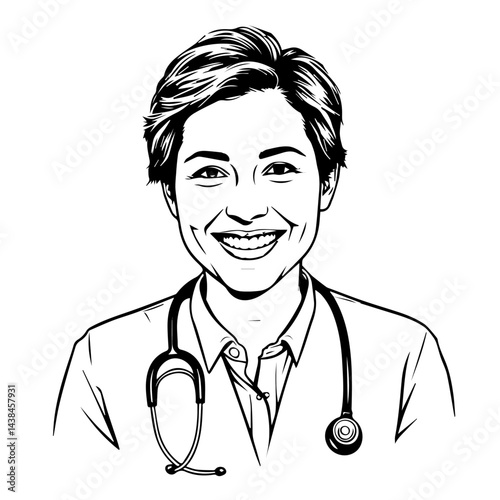 Smiling female doctor illustration, black and white, for medical websites