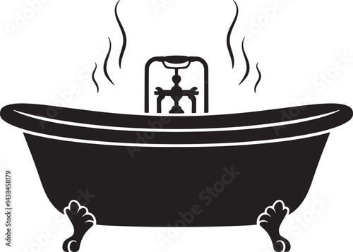 Classic Clawfoot Bathtub Vector Illustration With Steam In Black And White Style