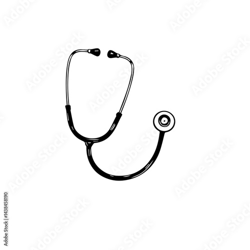 Hand-drawn stethoscope sketch, medical illustration, black and white, for healthcare websites