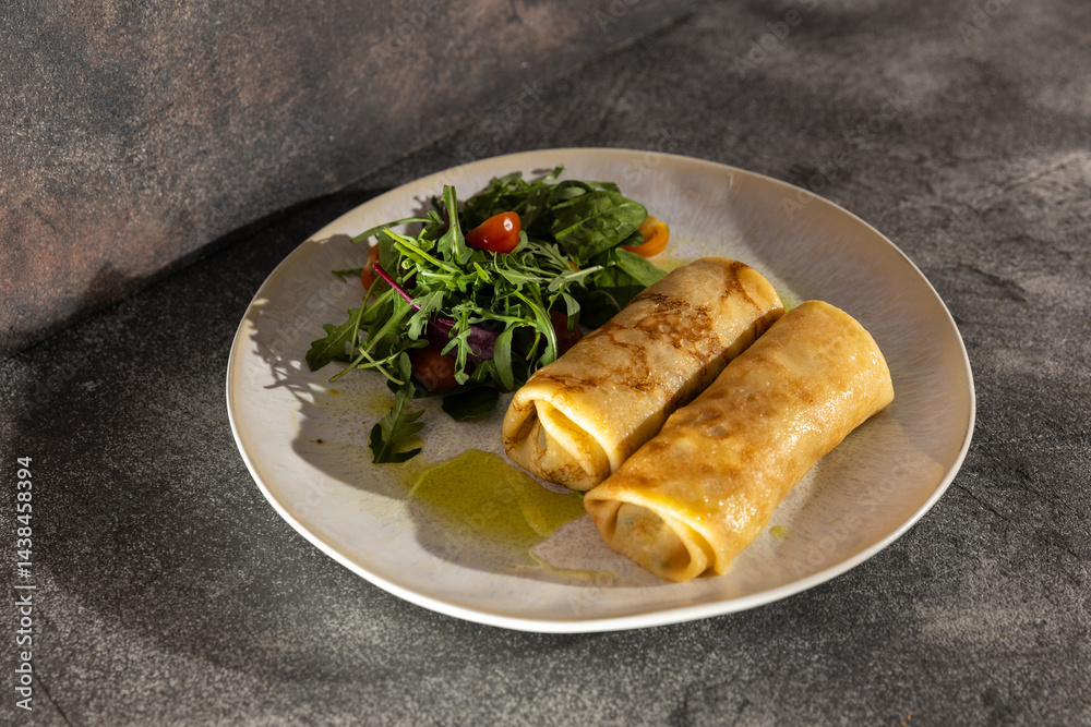 custom made wallpaper toronto digitalFresh crepes served with a vibrant salad of arugula, cherry tomatoes, and red onions, drizzled with olive oil on a rustic plate. Perfect for food styling!