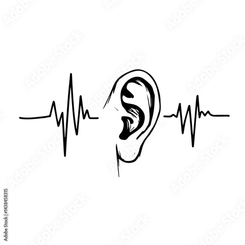 Ear sketch, sound waves, black and white, for medical websites
