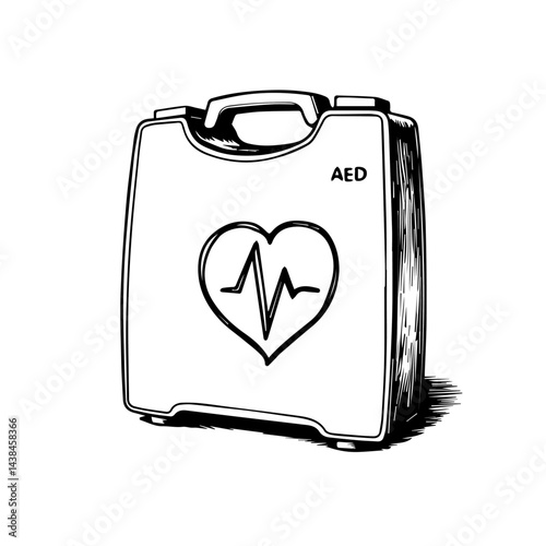 AED defibrillator, hand-drawn illustration, medical emergency kit, black and white sketch