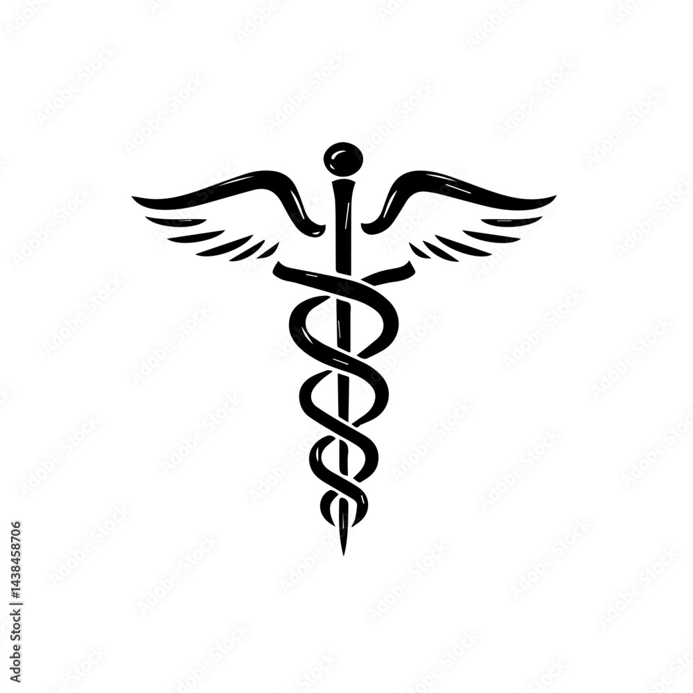 Caduceus symbol, hand-drawn sketch, black ink, for medical branding Caduceus symbol, hand-drawn sketch, black ink, for medical branding