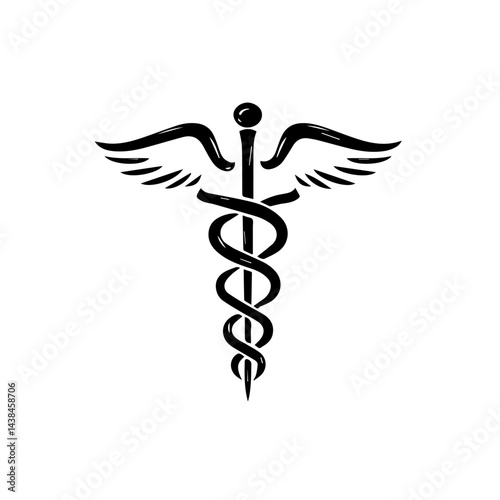 Caduceus symbol, hand-drawn sketch, black ink, for medical branding