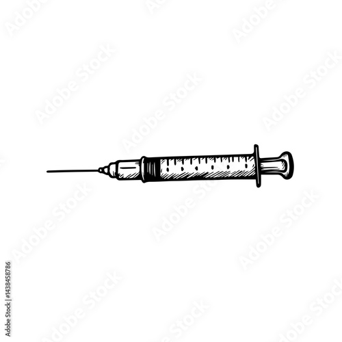 Hand-drawn syringe sketch, monochrome, medical illustration for healthcare websites