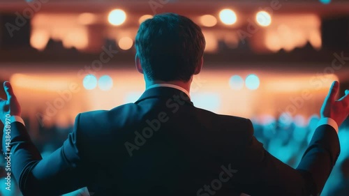 Man in spotlight, dramatic stage lights, microphone stand, audience seated in rows, actor's focused posture.