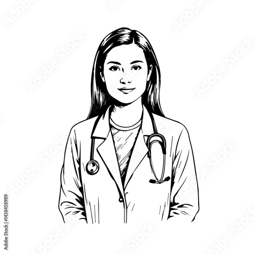 Female doctor sketch, in black and white, for medical websites