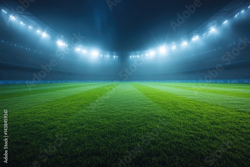 A large stadium at night, lit up with bright lights over a lush green field
