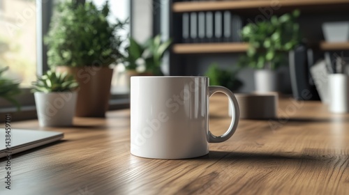 Coffee mug mockup with personalized design on a clean office desk