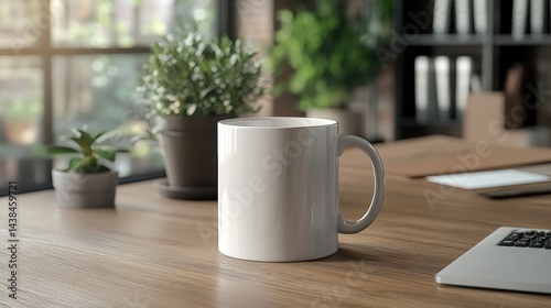 Coffee mug mockup with personalized design on a clean office desk