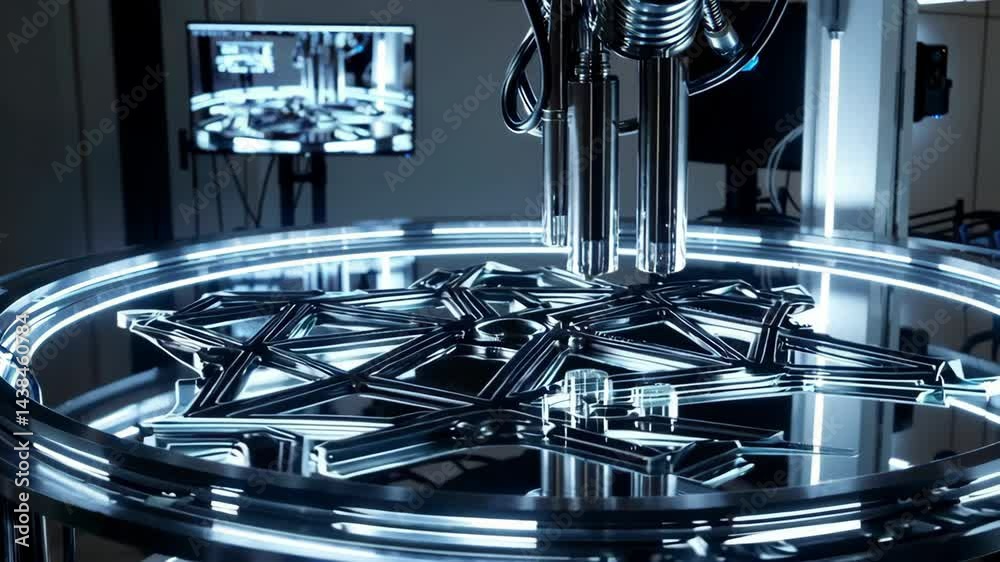 Futuristic robotic arm assembling complex glass structure