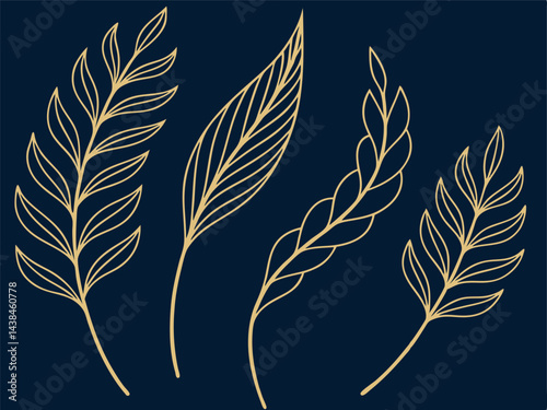 Golden Feather Collection: Elegant Line Art on Dark Blue