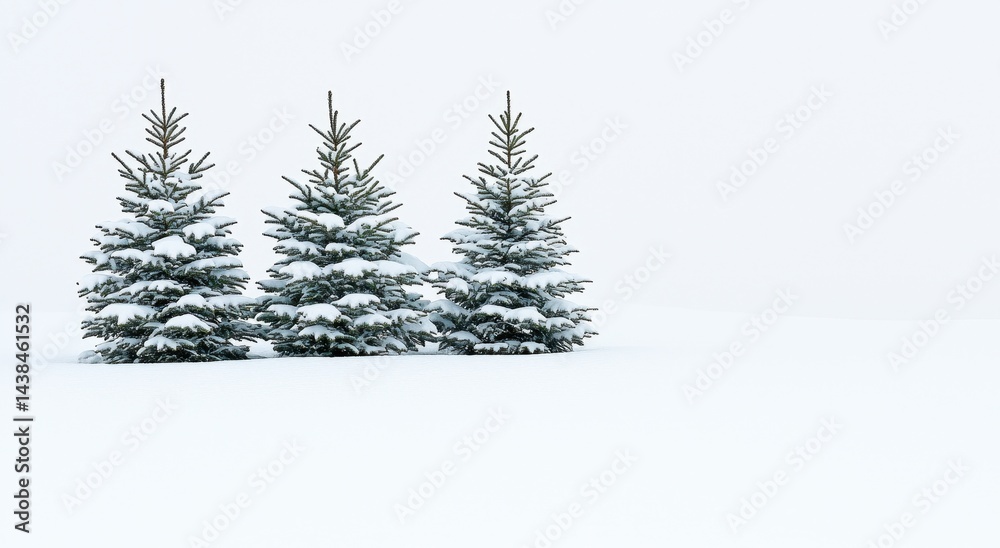 Fototapeta premium Snow-Covered Evergreen Trees in a Winter Landscape with Soft Light