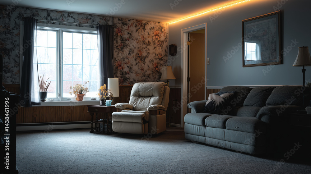 Fototapeta premium Comfortable living room with recliner and floral wallpaper in soft natural light