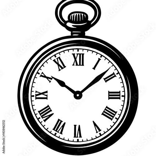 Pocket Watch Illustration with Roman Numerals - Black and White for Time, Vintage, Technology, or Graphic Themes