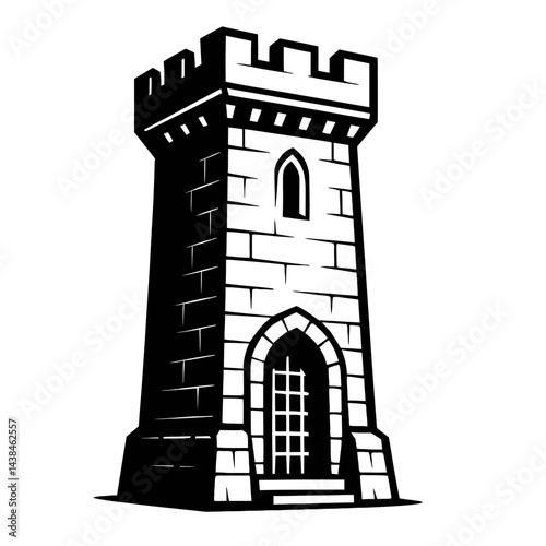 Castle Tower Illustration Stone Structure with Details - Black and White for Architecture, History, Fantasy, or Graphic Themes