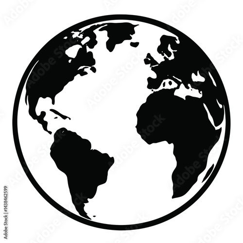 Globe Illustration Showing Continents - Black and White for Earth, World, Travel, or Graphic Themes