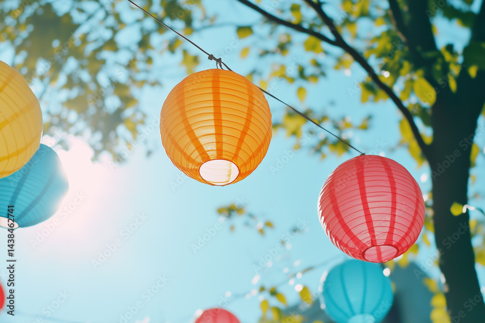 Obraz premium Colorful paper lanterns hanging on a tree during a summer festival.