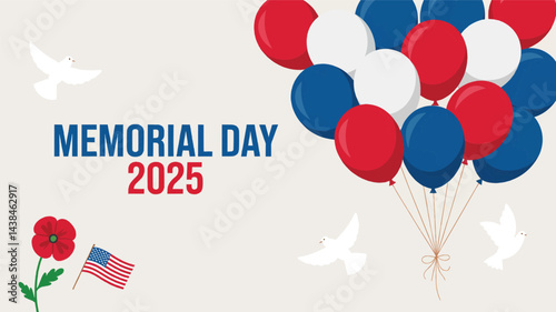 Memorial Day 2025 Red White Blue Balloons and Flowers Vector, Honoring Heroes and Celebrating Freedom