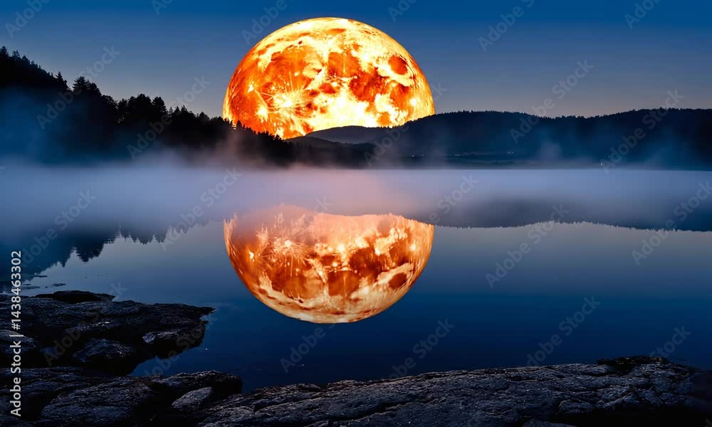 scene depicts a serene lake with a large moon hanging low in sky casting a beautiful reflection on water's surface