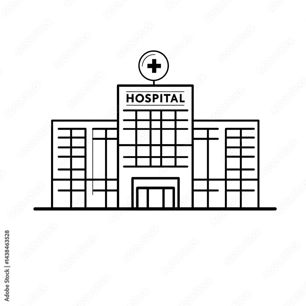 Minimalist line drawing showcasing a clinic, medical facility, or a healthcare center building design.