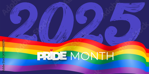 LGBTQ pride 2025 rainbow flag wave banner. Pride design Element for banner on blue background. Background illustration line rainbow unique design with blank background. Vector illustration.