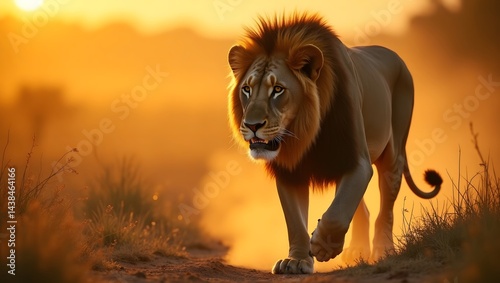 African Lion Approaching on Dusty Path at Dusk