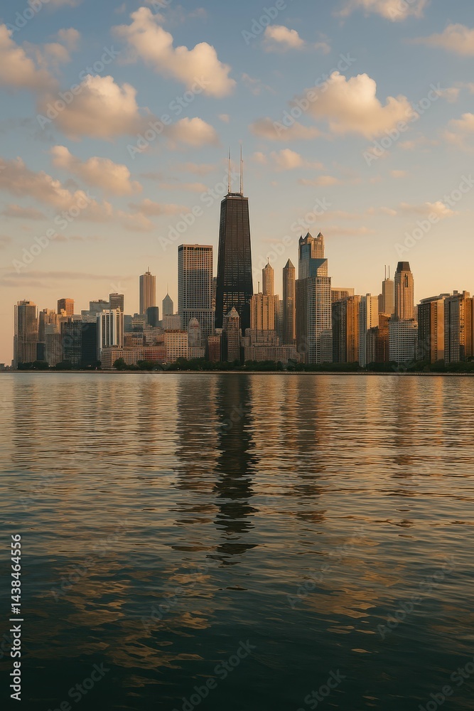 Fototapeta premium Urban Skyline at Sunset Over Tranquil Water Reflection
