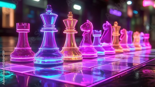 Neon chess pieces glow, cityscape backdrop