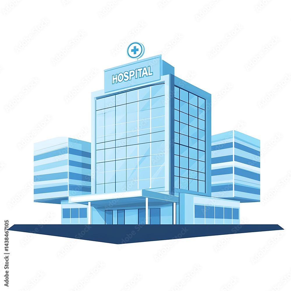 Modern Healthcare Center Illustration: A Detailed Architectural Rendering of a Medical Facility with Blue Accents.