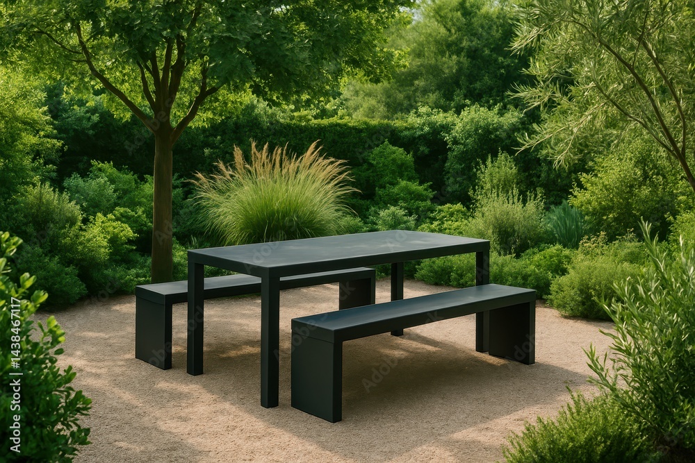 Serene Garden Retreat with Simple Table and Benches in Nature Serene Garden Retreat with Simple Table and Benches in Nature