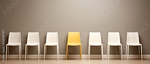 Row of white chairs with one yellow chair; grey wall and wood floor