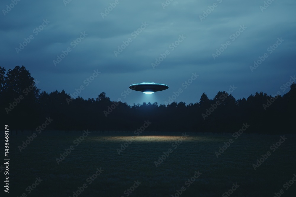 Fototapeta premium Mysterious UFO Hovering Over Dark Forest at Night