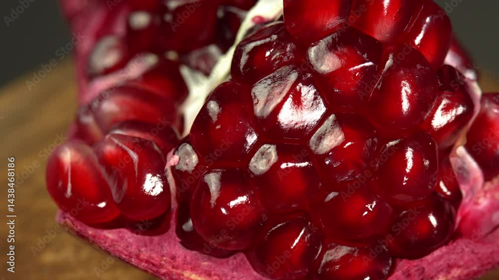 Fresh juicy pomegranates seeds or garnet fruit macro shot. Ripe ruby pomegranate close up rotates. Red grenadine showcasin