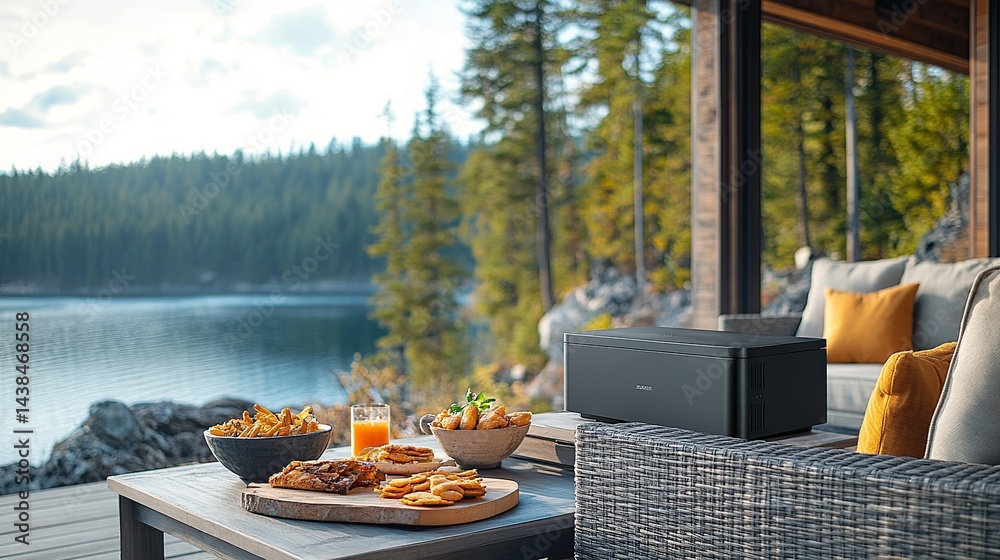 Outdoor dining with a view and portable sound system. Lakeside patio with a meal of grilled food, snacks, and drinks. A portable speaker sits on the table