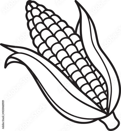 corn line art, black outline, vector and illustration, coloring book page line art drawing