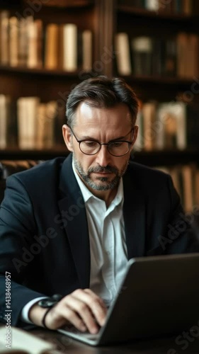 A focused businessman working on his laptop in an office environment with books in the background.