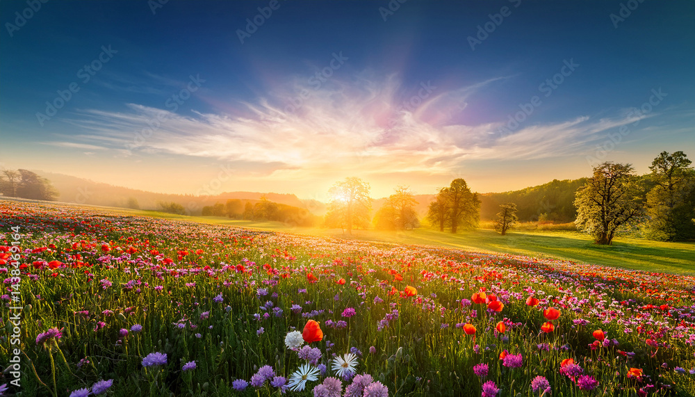 Fototapeta premium morning sun light spring summer field wallpaper colorful sunlit flowers and trees landscape beautiful sunrise nature illustration