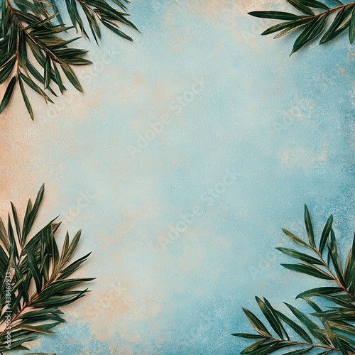 Green Tropical Leaves on a Soft Blue Background for Creative Design