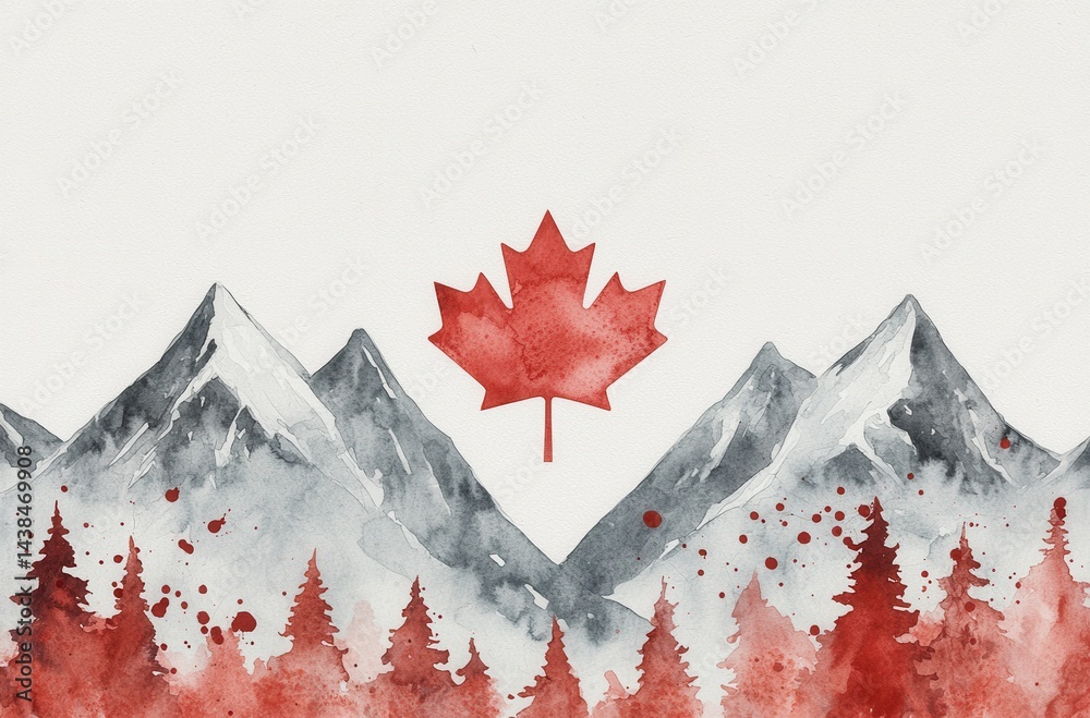 Watercolor illustration of Canadian mountains and red maple leaf