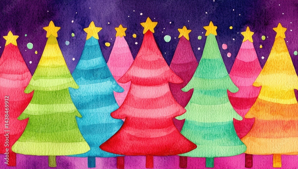Colorful Watercolor Christmas Trees on Vibrant Background