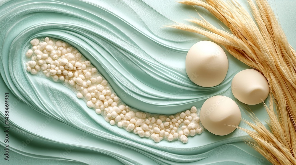 Delicate mint-colored swirls, dotted with white pearls, accented with pastel-toned, textured, decorative elements