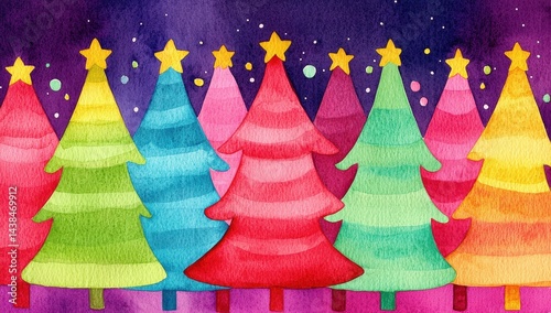 Obraz na płótnie Colorful Watercolor Christmas Trees on Vibrant Background w salonie